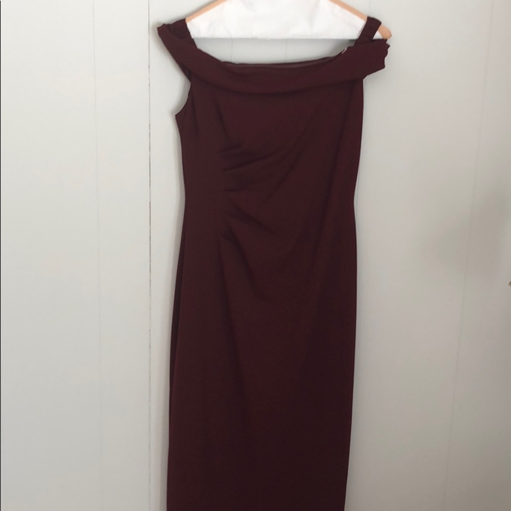 Off the shoulder maroon David’s bridal bridesmaid